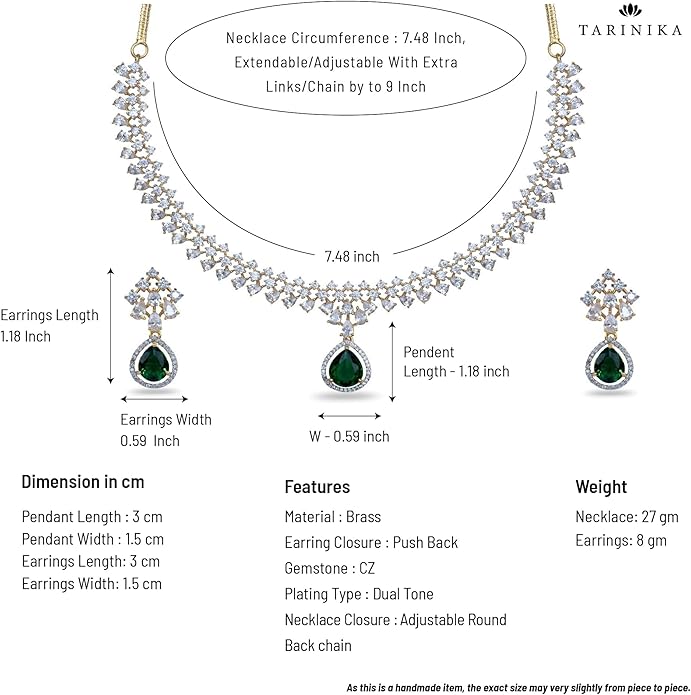 TARINIKA Green and White Cubic Zirconia(CZ) Indian Necklace Set with Earrings, Gold Plated Brass Fashion Indian Jewelry Gift for Women Bollywood Costume Jewellery