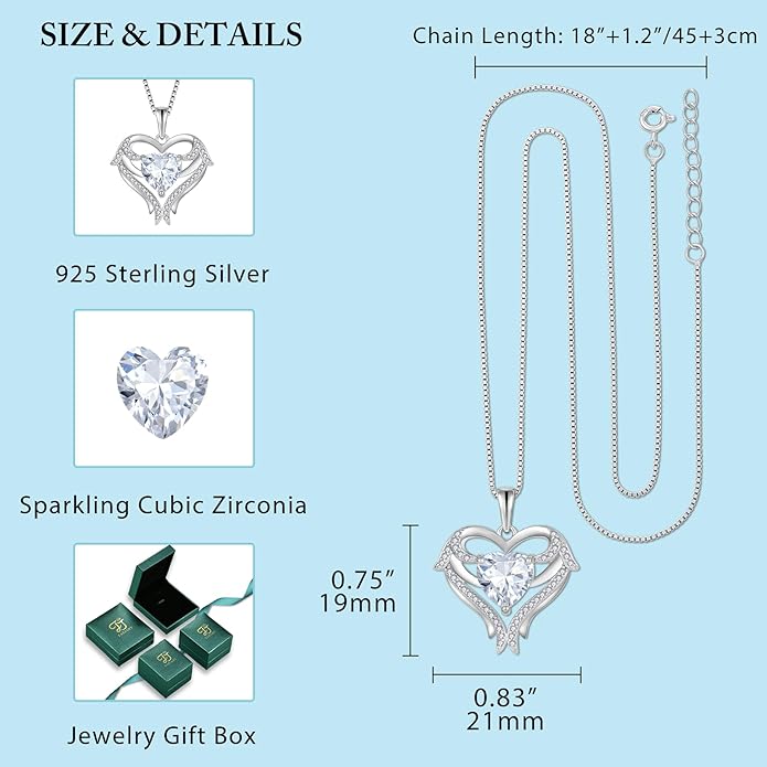 FJ Heart Angel Wings Pendant Necklace 925 Sterling Silver Birthstone Jewelry Gifts for Women