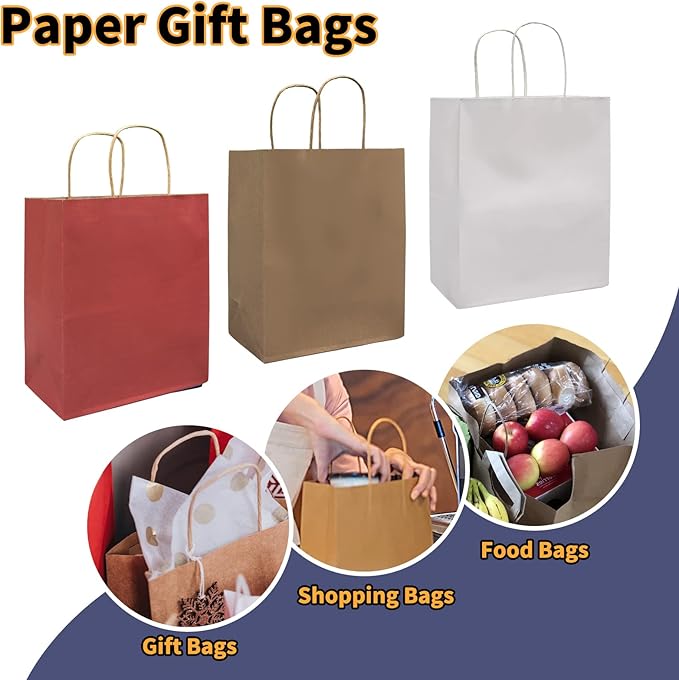 FACEBAG 50-Pack Red Paper Bags with Handles Bulk,8x4.25x10.5 Inch Gift Bags, Red Kraft Paper Bags, Applicable to Retail, Party, Shopping, Festival，Commercial and Wedding Events，Reusable & Durable