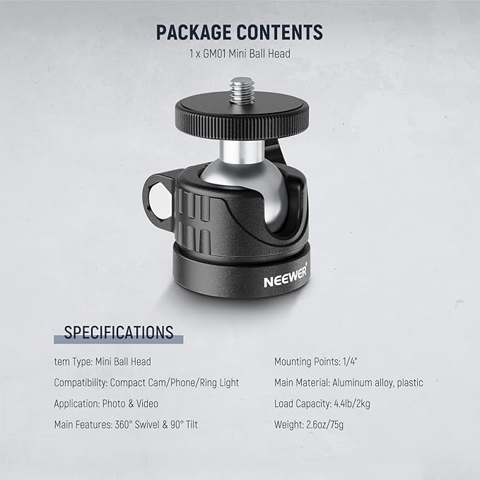 NEEWER Basic Mini Ball Head, Portable Tripod Head Camera Mount Adapter with 1/4" Screw for Compact DSLR Action Cam Phone LED Ring Light Monopod Slider, 4.4lb Max Load, 360° Swivel & 90° Tilt, GM01