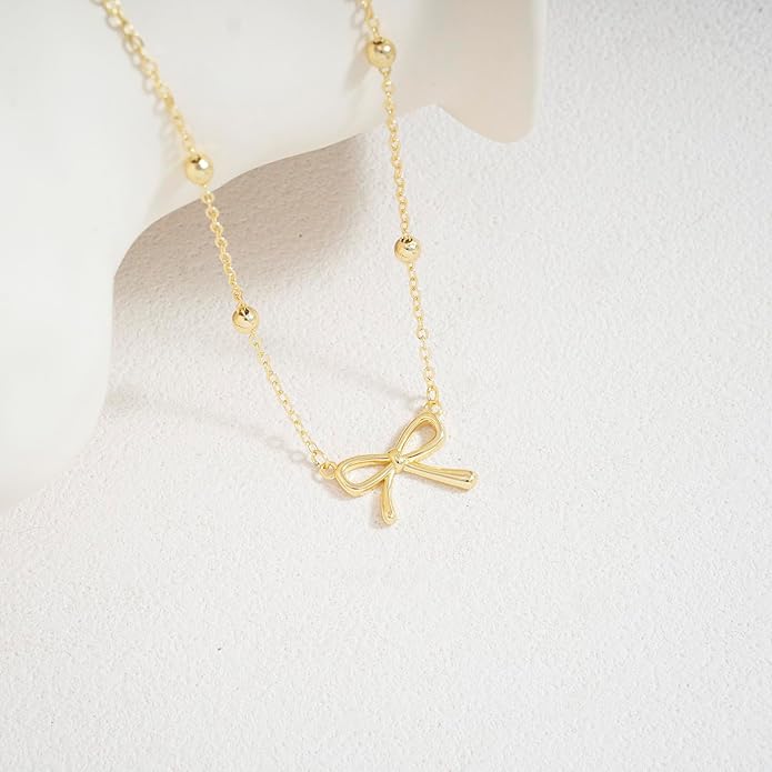 Valentines Day Gifts for Her - Dainty Bow Necklace for Women 14K Gold Plated Cute Choker Small Pendant Charm Necklaces Teen Gift Trendy Stuff Personalized Jewelry