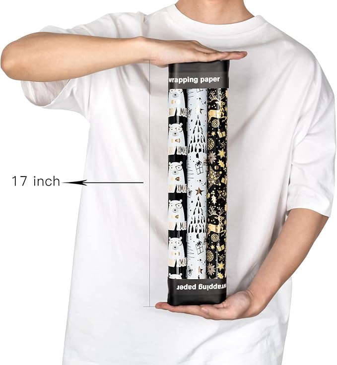 MAYPLUSS Christmas Wrapping Paper Roll - Mini Roll - 17 inch X 120 inch Per roll - 3 Different Black Gold Bear Design (42.3 sq.ft.ttl)