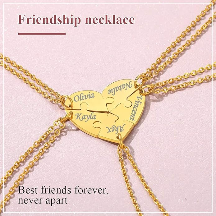FindChic Personalized Matching BFF Necklace for 2/3/4/5/6 Puzzle Name Heart Pendant Stainless Steel Couple Necklace Set Customized Necklaces for Teen Girls