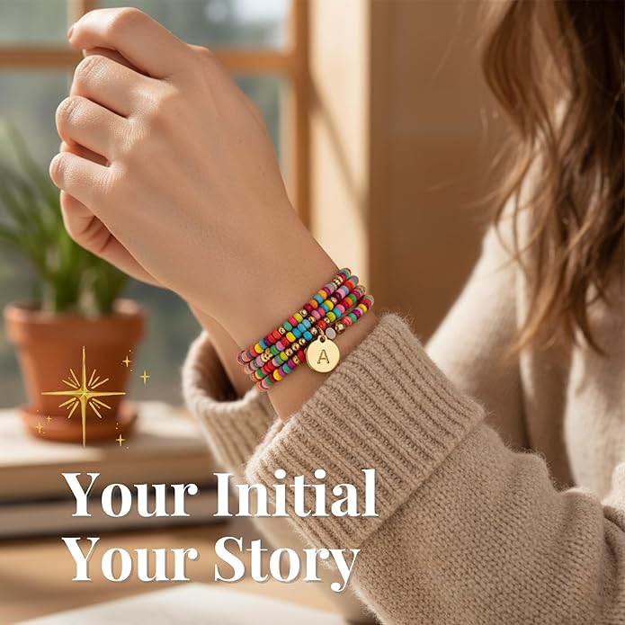 Set of 4 Colorful Bead Initial Bracelets, Personalized Stackable Jewelry, Adjustable Stretchy Charm Bracelets for Women, Beaded Bracelet Set, Trendy Custom Jewelry Gift