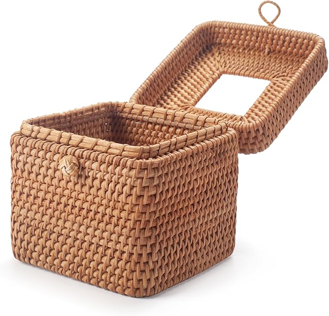 Rattan Tissue Box Cover Natural Woven Facial Napkin Holder Square with Lid 5.7 x 5.7 x 5.5 Inch (Natural)