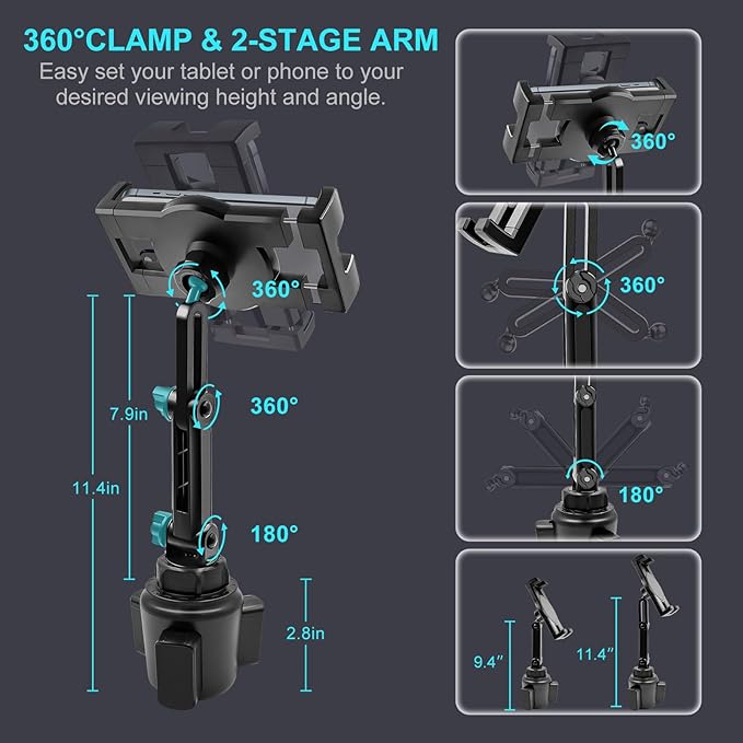 Cup Holder Car Tablet Mount, 360° Adjustable 2-Arm Stand Holder for iPad Pro 12.9/11/10.5/9.7/Air/Mini 6/5/4, Samsung Galaxy Tab/Z Fold 6/5, Amazon Fire HD, iPhone 16/15/14/Pro, 4.7-12.9" Tab & Phone
