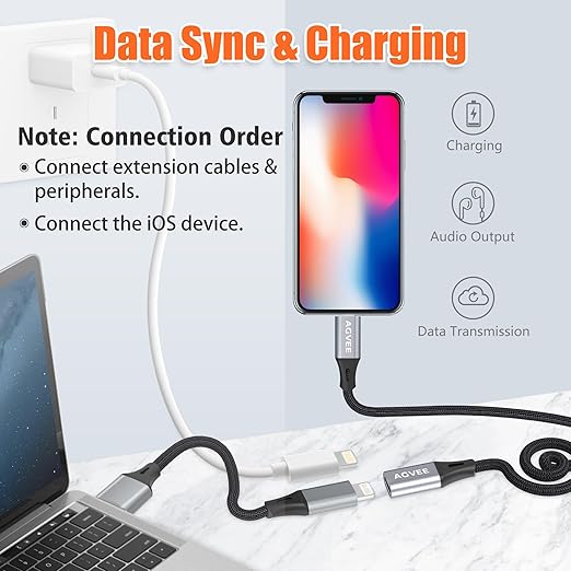 AGVEE 2 Pack 6.6ft Lightning Extension Cable, Braided Female to Male Extender Full Function Cord Compatible with iPhone iPad, Data Sync Video Audio & Charging Connector Adapter, Dark Gray