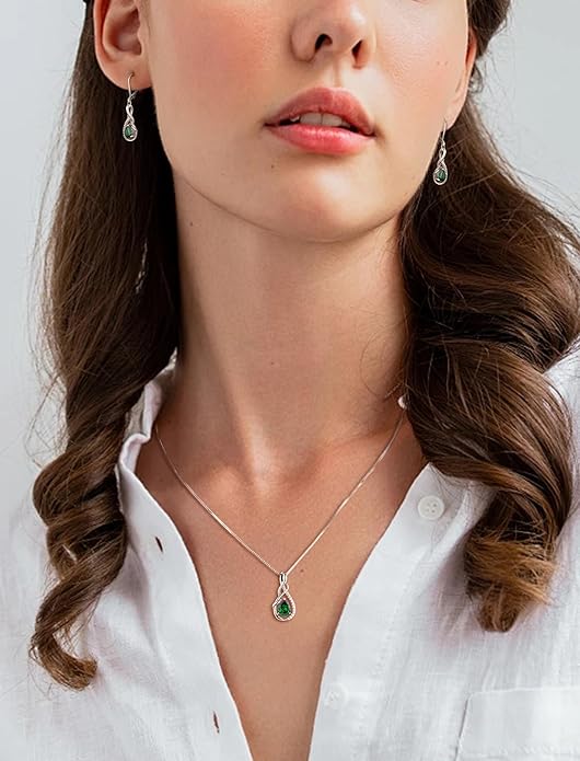 STARCHENIE 925 Sterling Silver Necklace Dangle Earrings for Women Infinity Twisted Teardrop Pendant May Birthstone Created Emerald Jewelry Set