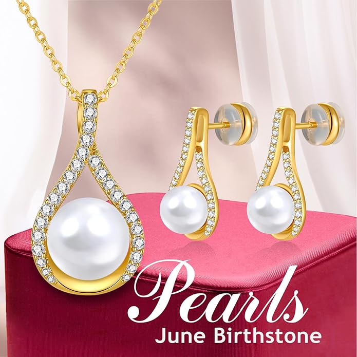 Pearl Necklace and Earring Set for Women- 925 Sterling Silver Adjustable Jewelry Set, White Gold /14K Gold Plated Infinity Black White Pearl Jewelry Set Anniversary Birthday Gifts for Her