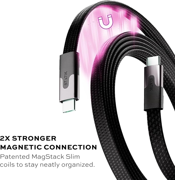 Statik MagStack USB C to USB C Cable, Magnetic Anti Tangle Flat Type C Charger Fast Charging Cord, Magnetic Charging Cable, Compatible with iPhone 16 Pro Max, 15, Galaxy S24 Ultra, 100W 6FT/2M, 3-Pack