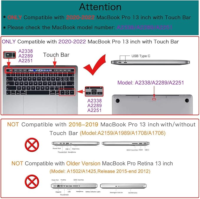 Teryeefi for MacBook Pro 13 inch Case 2024,2022-2016 Release Model M2 M1 A2338 A2289 A2251 A2159 A1989 A1706 with Touch Bar, Design Hard Shell Cover with Keyboard Cover Scren Protector, Bows-A