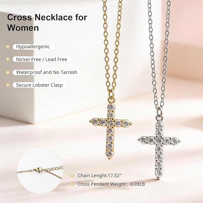 Crown Cross Necklace for Women, 14K Gold Silver Cubic Zirconia Crown Cross Necklace, Diamond Gold Silver Cross Necklaces, Dainty Cross Faith Simple Trendy Charm Jewelry Gift for Women