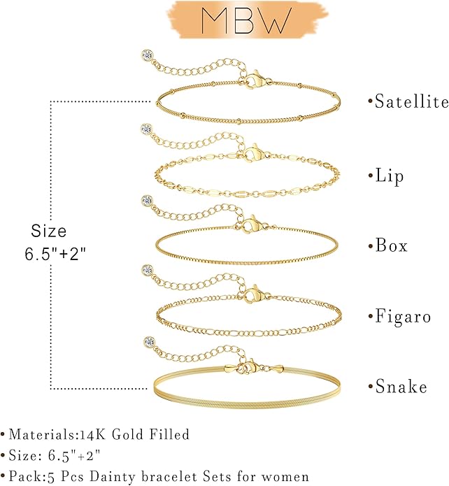 MBW Gold Bracelets for Women Trendy, Dainty 14K Gold Plated Bracelet Stack Beaded Chain Bracelet Set Thin Small Cute Paperclip Bracelets Fashion Waterproof Jewelry Gift Gold Accessories for Women
