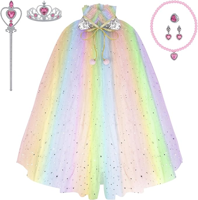 Princess Dress Up Clothes, 7pcs Princess Cape Crown with Wand for Girls 3-8 Years Toddler Princess Dress Up for Birthday Gift