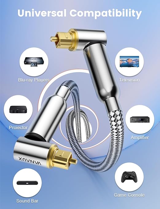 VANAUX 90-Degree Optical Audio Cable 3FT,90 Degree to 90 Degree Fiber Optic Toslink Cable(24K Gold-Plated Connectors,Braided Jacket) Ideal for Tight Spaces,Home Theater,Soundbars,Gaming Consoles