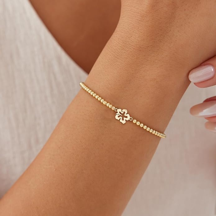 Gold Bracelets for Women 14K Gold Plated Bead Bracelet Hypoallergenic Stretch Bracelets for Women Elastic Bracelet Trendy Teen Gift Dainty Jewelry for Women