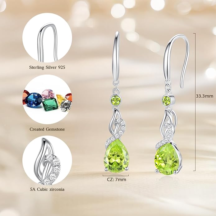 FANCIME Teardrop Dangle Drop Earrings 925 Sterling Silver Pear Gemstone Birthstone Earring Fine Jewelry Birthday Gifts for Women