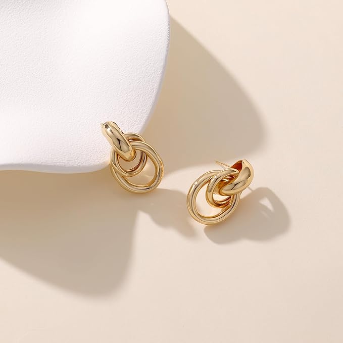 Chunky Gold/Silver Earrings for Women Knot Link Circle Statement Geometric Drop Dangle Earrings Studs Trendy Jewelry (Oval-Knot Earrings)