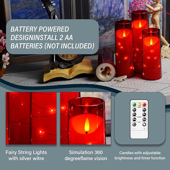 Flameless Candles with Embedded Star String, Battery Operated LED Pillar Candles with Timer and Remote Control,Home Decorating for Ambiance， Set of 9 (Red)