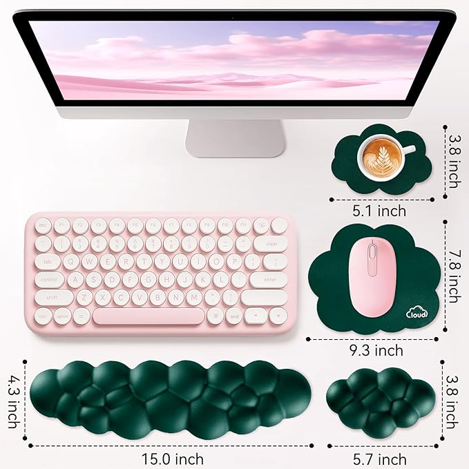 Cloud Wrist Rest for Computer Keyboard, 4-in-1 Memory Foam Leather Cloud Keyboard Wrist Rest and Mouse Pad Set with Ergonomic Support for Arm and Palm Cushion, Gaming/Work Setup, Dark Green