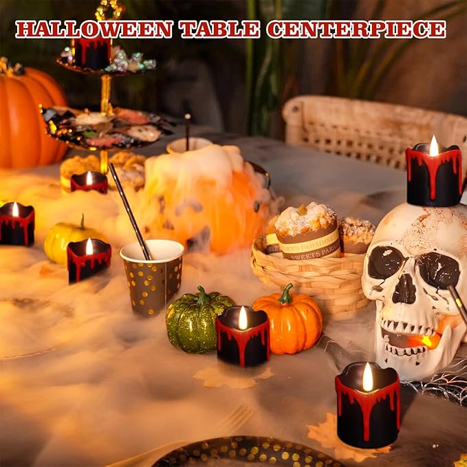GenSwin Halloween Black LED Votive Candles with Long Lasting CR2450 Batteries, Votive Flameless Flickering Candles Battery Operated with 6H Timer, 6Pcs Real Wax Black and Red Candle for Home Decor