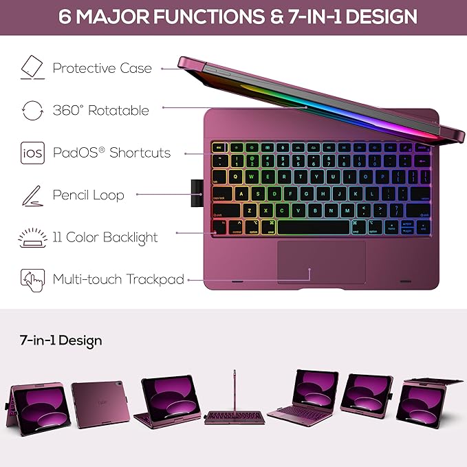 typecase Touch iPad 10th Generation Case with Keyboard (10.9", 2022), Multi-Touch Trackpad, 10 Color Backlight, 360° Rotatable, Thin & Light for Apple iPad 10th Gen 10.9 (Raspberry)