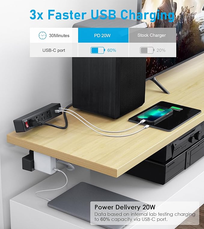 Dual Layer Desk Clamp Power Strip Surge Protector, Under Desk Power Strip with 10AC Outlets & 3 USB(20W USB-C), Desktop Edge Mount Charging Station, 6 Ft Extension Cord for Office Home (ETL Listed)