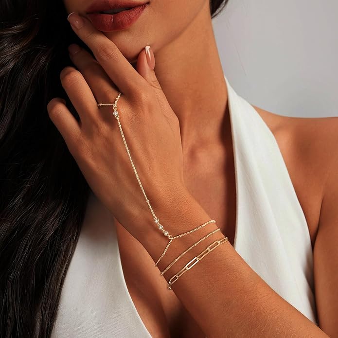 My Queen Gold Bracelets for Women 14K Gold Plated Dainty Stackable Hand Chain Bracelet Trendy Ring Chain Bangle Cuff Bracelets Adjustable Body Jewelry Set Gifts