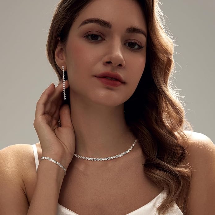 Tennis Necklace Bracelet for Women, Dainty Sterling Sliver Choker Necklace Crystal Link Bracelet Stud Earrings for Women Wedding Jewelry for Bride Jewelry Set Accessories