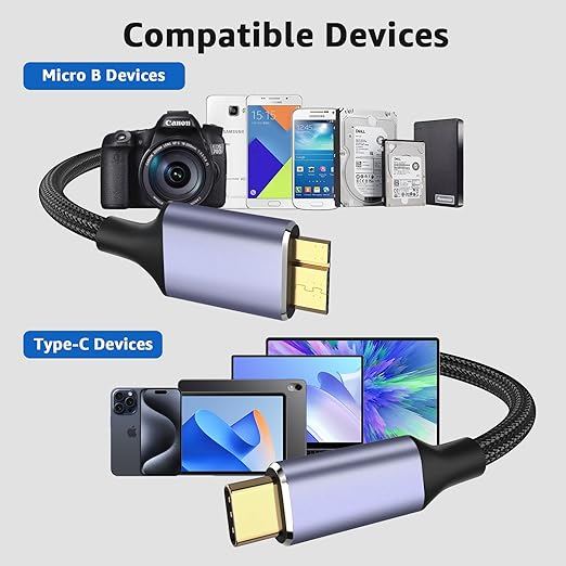 USB 3.1 Micro B to USB C Hard Drive Cables, 3.3FT 10 Gbps USB C to Micro B, External Hard Drive Cable Compatible with MacBook Pro/Air, iPad/Tablet, iPhone, Samsung Galaxy S24, WD Seagate etc