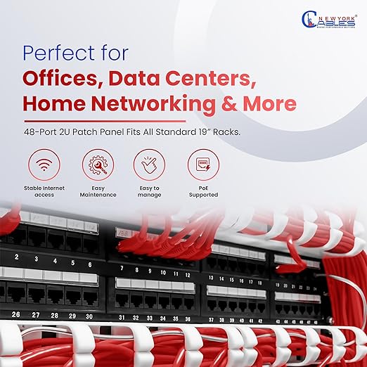 NewYork Cables 48 Port Cat6 Patch Panel – 10Gb Ethernet, 2U Rackmount 19-Inch, Color-Coded T568A/B Labels, Unshielded, 110/Krone Compatible, Black