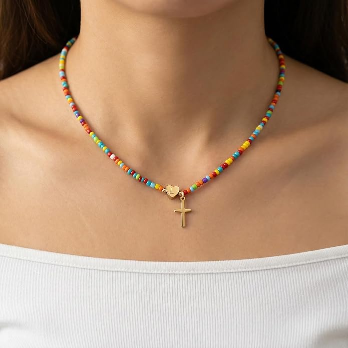 Colorful Initial Cross Necklace for Girls Women Kids - Teen Girls Gifts Trendy Stuff Beaded Letter Cross Choker Necklace for Girls Gifts Jewelry