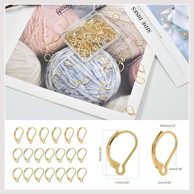 100Pcs 14K Gold Filled Leverback Earwires French Earring Hooks,Hypoallergenic Dangle Ear Wire Findings for DIY Jewelry Making Supplies (Gold-French Leverback Earwires)
