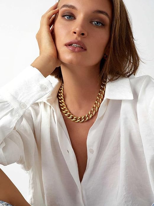 ChainsHouse Cuban Link Chain for Women Chunky Gold Necklace Stainless Steel/Gold Plated Choker Necklaces for Women, 12/16/20 mm Width Thick Chain Choker Punk Hip-Hop Jewelry,18-20"