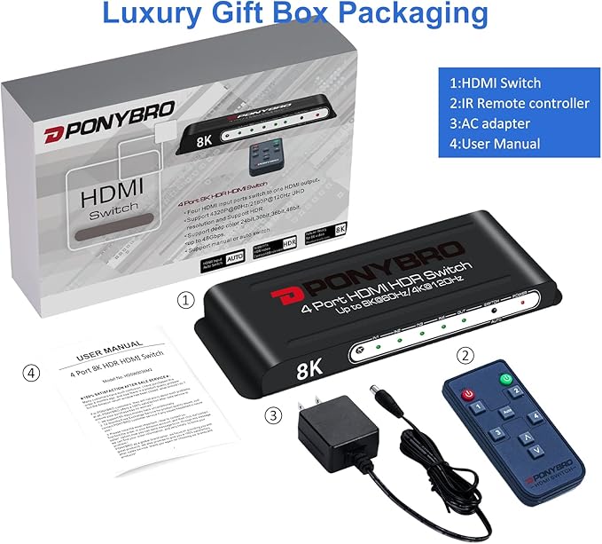 HDMI Switch 8K 4 Port – HDMI 2.1 48Gbps Auto-Switching, 8K@60Hz/4K@120Hz, HDR10+/Dolby Vision, for PS5/Xbox/PC/Apple TV, Zero Latency with Remote