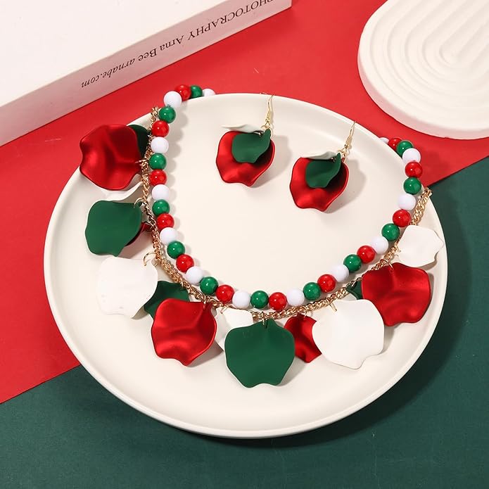 Flower Petal Necklace Earrings Set Layered Statement Beaded Jewelry Set for Women Summer Necklace Earrings