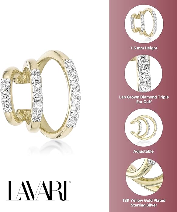 Lavari Jewelers 1/6 Carat Lab Grown Diamond Triple Ear Cuff for Women - 18k Yellow Gold Plated 925 Sterling Silver Diamond Ear Wrap for Her - Hypoallergenic Jewelry - Elegant Simplicity