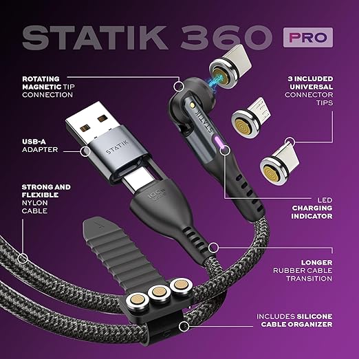 Statik 360 Pro Magnetic Charging Cable - Type C Charger Fast Charging 3 in 1 USB C to USB C Cable, Micro USB & iProduct Tips, USB A Adapter, Fits All Devices - 100W Fast Charger, Black 6FT/2M