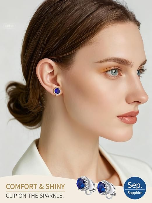 FindChic Sparkling Birthstone Clip On Earrings for Women, Silver Plated Stud Earrings 8MM Cubic Zirconia Non Pierced Studs, 12 Months Birthday Jewelry Gift