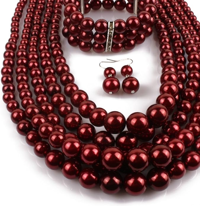 Exaggerated Imitation pearl multi-layer Necklace+bracelet+earring Large pearl necklace Wedding jewelry set for Women's and girls gifts（Multicolor optional）