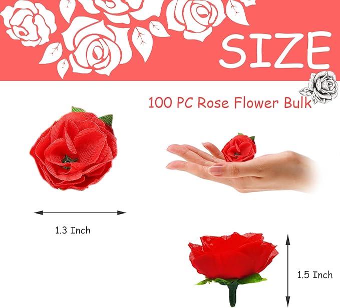 100Pcs 1.3 Inches Mini Red Roses Artificial Flowers Mini Rose Flowers for Crafts Fake Small Silk Rose Head for Wedding Bouquet DIY Party Table Centerpieces Decor