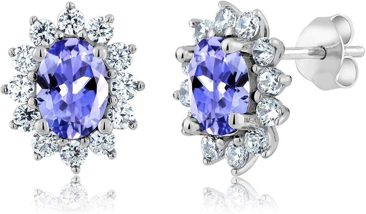 Gem Stone King 7X5MM Oval Gemstone Birthstone Stud Earrings For Women | Princess Diana Royal Halo Style | 925 Sterling Silver | Fine Jewelry Gifts for Anniversary Wedding Her Mom Women Wife