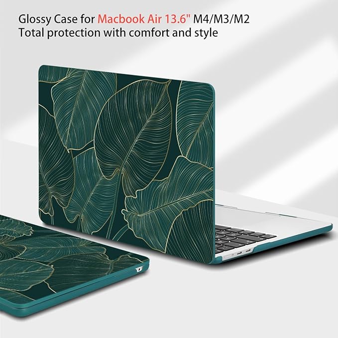 Teryeefi Compatible with MacBook Air 13.6 Case M2 M3 M4 2022-2024 2025 Release (Model:A2681 A3113/A3240), Plastic Hard Shell Cover with Screen Protector & Keyboard Cover & USB 3.0 Adapter, Green Leaf