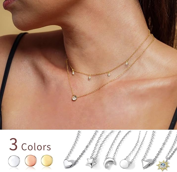 ChicSilver Personalized 925 Sterling Silver Dainty Small Heart/Star/Moon/Dot/Triangle Pendant Necklace for Women, Silver/Gold/Rose Gold/Black (with Gift Box)