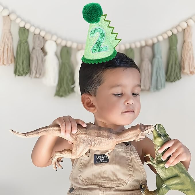 Green Glitter Dinosaur Birthday Cone Hat for 1-5 Years Old Kids Boys Dino Dinousour Birthday Hat Party Decoration