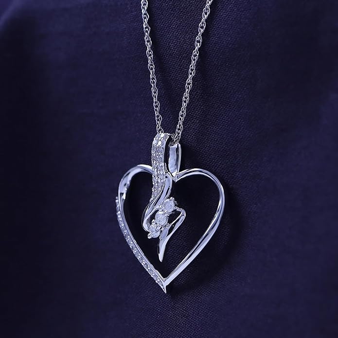 3 Stone Heart Pendant Necklace for Women in 14K Gold Over 925 Sterling Silver, Natural Diamond, Moissanite or Lab-Grown Diamond (0.25 Ct), Dainty Jewelry Gift with 18" Chain for Her Valentine’s Day