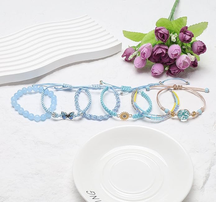 DS 6PCS String beads Charm Bracelets for Teen Girls Handmade Braided Rope Butterfly daisies Eternal flower Boho Surfer Bracelet for women Adjustable friendship Stretch birthday jewelry Gift Friends