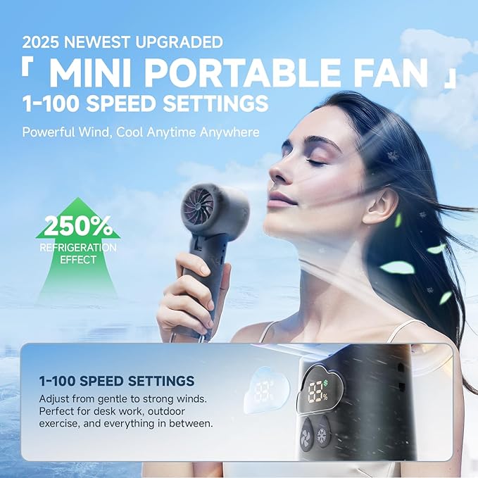 [2025 Upgrade Portable Cooler Handheld Fan, [Coldest Turbo Hand Fan] 15000RPM 24H Max Cooling Time Highly Speed (1-100) Hand Fan, Collapsible Mini Small for Travel, Office (Grey)