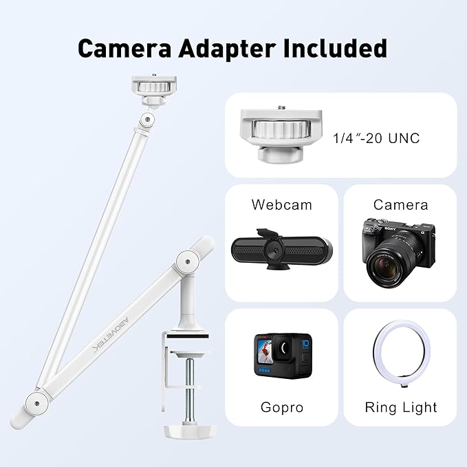 AboveTEK Tablet Stand Holder, Aluminum iPad Holder for Desk & Bed, Adjustable iPad Arm Clamp Mount with 360° Rotation, Overhead Compatible with 4.7"-13.5" iPads Pro/Air/Mini, iPhone, Galaxy Tab- White