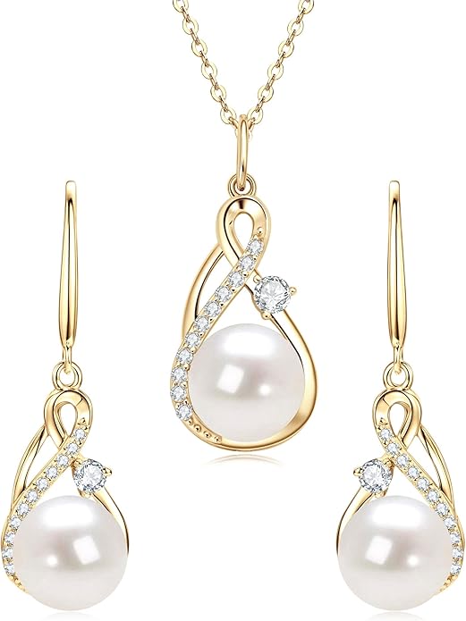 Sterling Silver Pearl Jewelry Set with Shiny Moissanite, Real Freshwater Pearl Earrings Necklace for Women, Wedding Jewelry for Brides Bridesmaid, Mother's Day